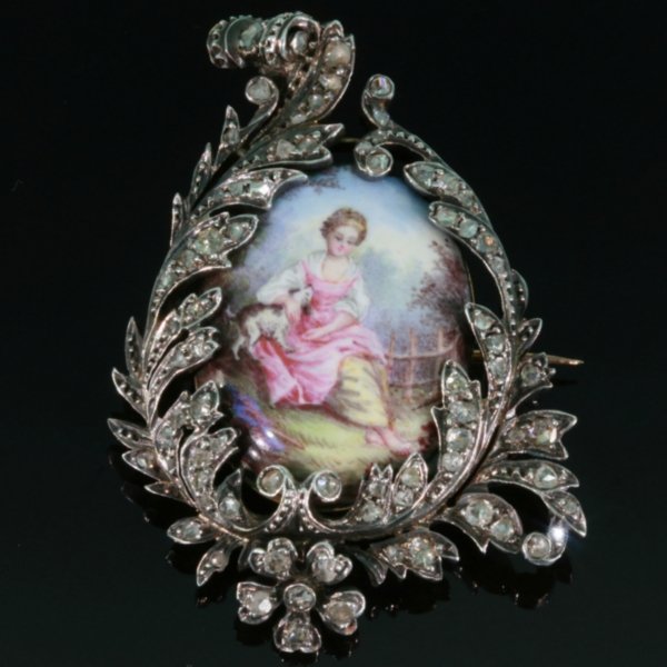 Antique painted miniature enameled pin diamond from the antique jewelry collection of www.adin.be
